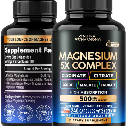 Magnesium 5-in-1 Complex 500 mg – Glycinate, Citrate, Malate, Taurate, Oxide | Made in USA