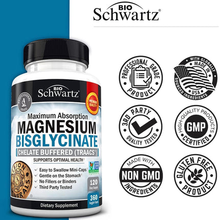 Magnesium Bisglycinate Chelated Supplement – High Absorption, 360 Capsules