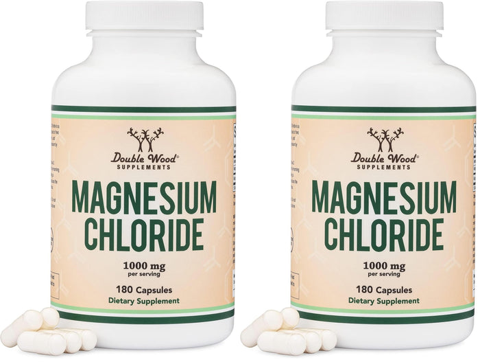 Double Wood Magnesium Chloride – 180 Capsules, 1000 mg per Serving, Supports Digestive & Bone Health – Non-GMO & Gluten Free (Pack of 2)