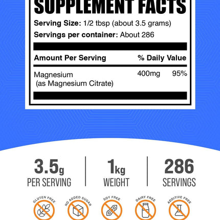 Magnesium Citrate Powder 400mg - Easily Absorbable, Gluten Free | 1kg (2.2 lb)
