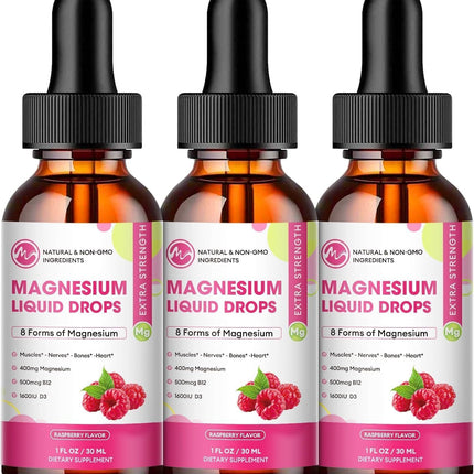(3 Pack) Magnesium Liquid Drops – 8-in-1 Magnesium Complex (Glycinate, Citrate, Malate, Taurate) Raspberry