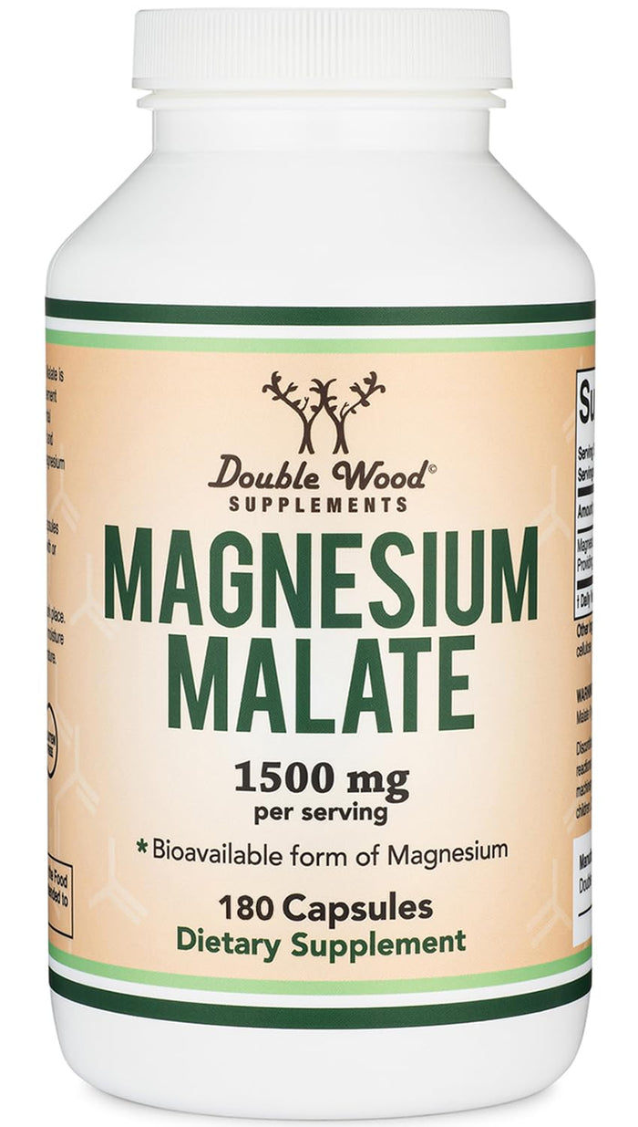 Magnesium Malate Capsules (180 Count) - 1,500mg per Serving | Vegan, Gluten Free | Double Wood Supplements