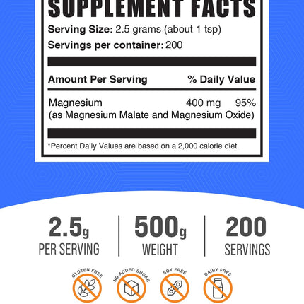 Magnesium Malate Powder | High Bioavailability, Gluten Free, 2.5g/Serving – 500g | BulkSupplements