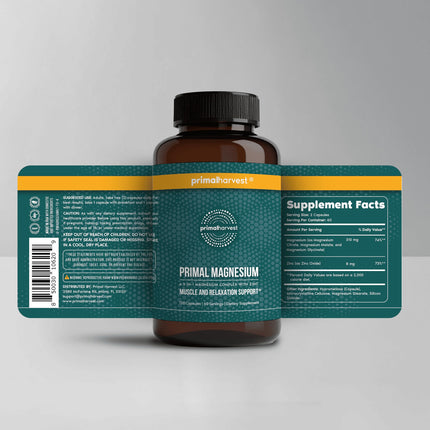 Magnesium Supplement Complex 310mg by Primal Harvest – Glycinate, Citrate, Malate & Zinc | 120 Capsules