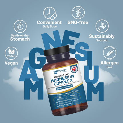 Magnesium Glycinate Complex 4-in-1 | 2000mg per Serving | 400mg Elemental | 90 Vegan Tablets | Prowise