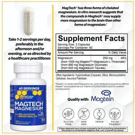 MagTech Magnesium Complex - 3-Form Magnesium (Magtein L-Threonate, Glycinate & Taurate) 200mg, 180 Capsules | NATURAL STACKS