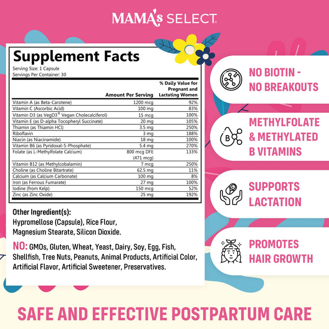 Mama's Select Postnatal Vitamins – Boosts Hair Recovery, Milk Supply, & Wellness – Allergen-Free, Vegan, MTHFR Friendly, Methylated Folate & B Vitamins, Easy-to-Swallow, No Biotin - 30 Capsules