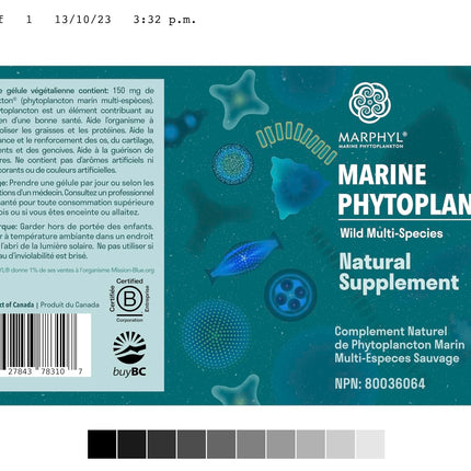 MARPHYL Marine Phytoplankton – Wild Multi-Species Supplement, 150 mg per Capsule, 30 Vegan Capsules | Vancouver Island, Canada