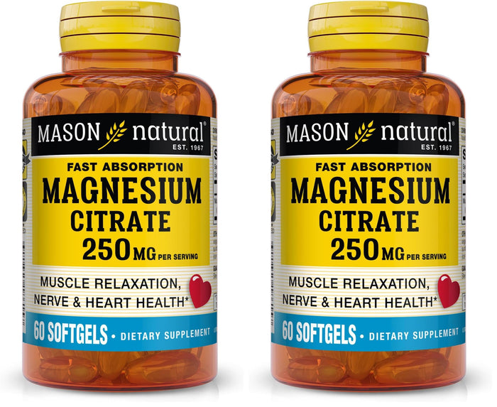 Mason Natural Magnesium Citrate 250 mg Softgels – 30 Day Supply (Pack of 2)
