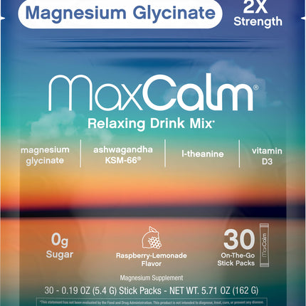 Max Calm Relaxing Drink Mix – Raspberry-Lemonade | Magnesium Glycinate & KSM-66 | 30 Packets