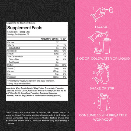 Max Muscle MaxPro Elite Whey Protein Powder – 30g Protein, 0g Sugar, 6.6g BCAAs, Strawberry Banana (4lb)