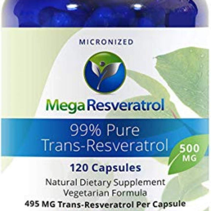 Mega Resveratrol – Pharmaceutical Grade 99% Pure, Micronized Trans-Resveratrol, 500mg Capsule, 120 Veggie Caps