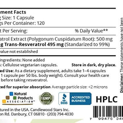Mega Resveratrol – Pharmaceutical Grade 99% Pure, Micronized Trans-Resveratrol, 500mg Capsule, 120 Veggie Caps