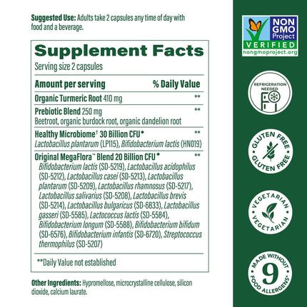 MegaFood MegaFlora Probiotics + Prebiotics Turmeric - 50B CFU, 14 Strains, 90 Capsules