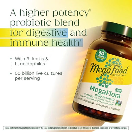 MegaFood MegaFlora Probiotic Plus — 50 Billion CFUs, 14 Strains, Vegetarian, 60 Capsules