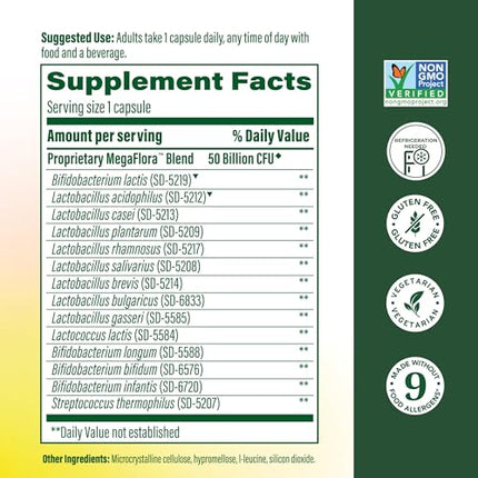 MegaFood MegaFlora Probiotic Plus — 50 Billion CFUs, 14 Strains, Vegetarian, 60 Capsules