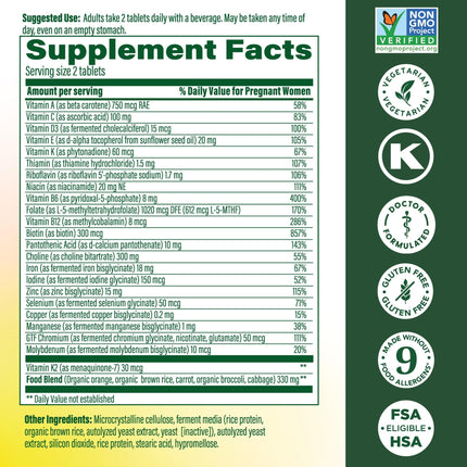 MegaFood Baby & Me 2 Prenatal Vitamins – Folate, Choline, Iron & Vitamin D | 120 Tabs (60 Servings)