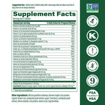 MegaFood Baby & Me 2 Prenatal Vitamins – Folate, Choline, Iron & Vitamin D | 120 Tabs (60 Servings)