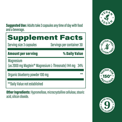 MegaFood Magtein Magnesium Threonate – 2000 mg per Serving | Supports Memory, Focus, Alertness & Sleep – Vegan & Gluten Free | 90 Capsules / 30 Servings