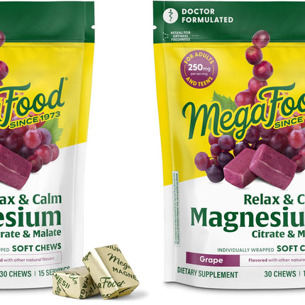 MegaFood Relax + Calm Magnesium Soft Chews – Grape Flavor (Pack of 2)