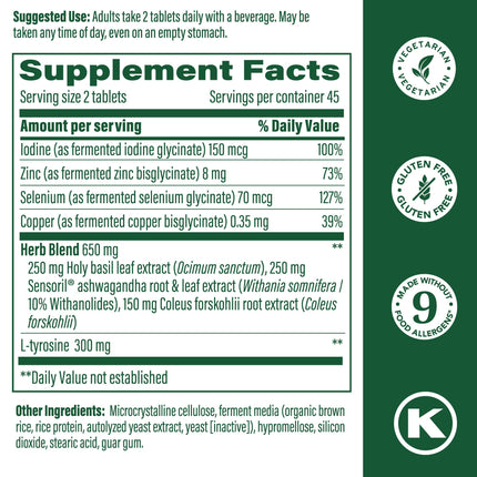 MegaFood Thyroid Strength - Mineral Support with Ashwagandha, Iodine & L-Tyrosine | 90 Tabs