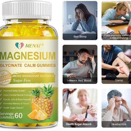 MENXI Magnesium Glycinate Gummies 400mg – Sugar Free Pineapple, Vitamin D, B6 & CoQ10 (120 Gummies)