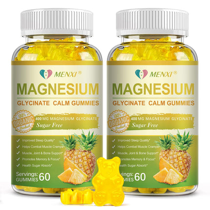 MENXI Magnesium Glycinate Gummies 400mg – Sugar Free Pineapple, Vitamin D, B6 & CoQ10 (120 Gummies)