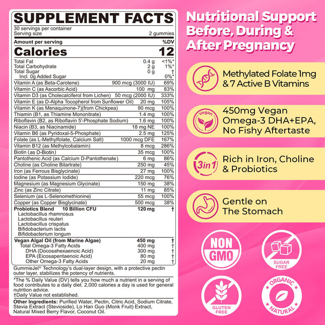 NEVISS Prenatal Multivitamin Gummies for Women – Methylfolate 1mg, DHA+EPA, Iron, Choline, Sugar-Free, 120 Count