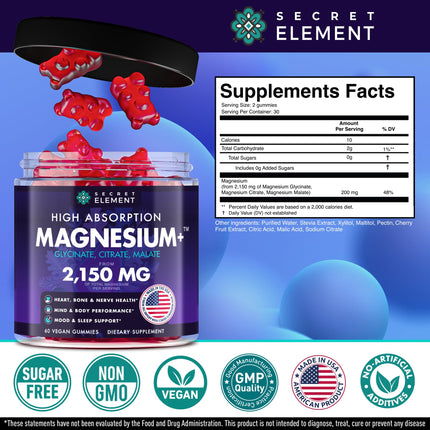 Magnesium Glycinate 2150 MG Gummies – High-Absorption, Sugar-Free, Vegan (Cherry) | 60 Gummies