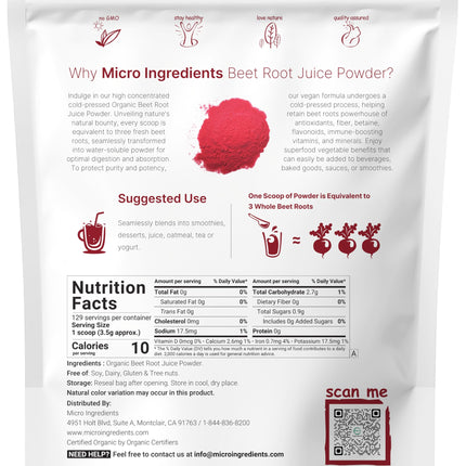 Micro Ingredients Organic Beet Root Powder - 1 lb, Cold-Pressed & Water-Soluble, Non-GMO
