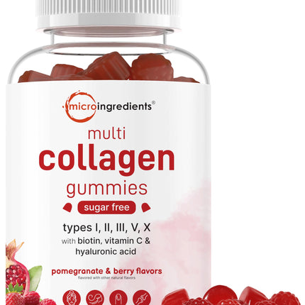Micro Ingredients Multi Collagen Gummies 120 – 8-in-1 (I–X) with Biotin, Hyaluronic Acid & Vitamin C | Pomegranate Berry