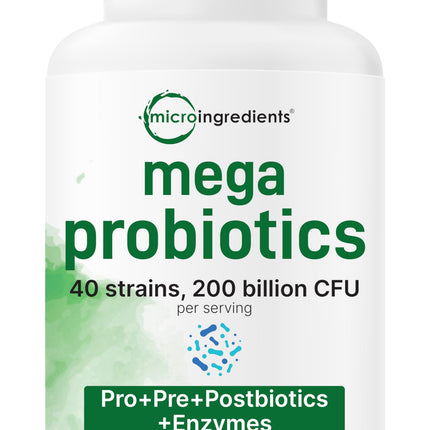 Micro Ingredients Probiotics 200 Billion CFU, 120 Veggie Capsules | Mega Probiotics for Men & Women | 40 Strains with Prebiotics, Postbiotics & Digestive Enzymes | Gut, Immune & Digestive Health