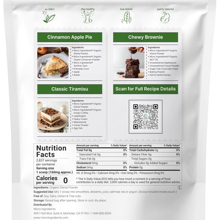 Micro Ingredients Pure Organic Stevia Powder – 1 lb Reb-A Green Leaf, Zero Calorie, Keto Friendly
