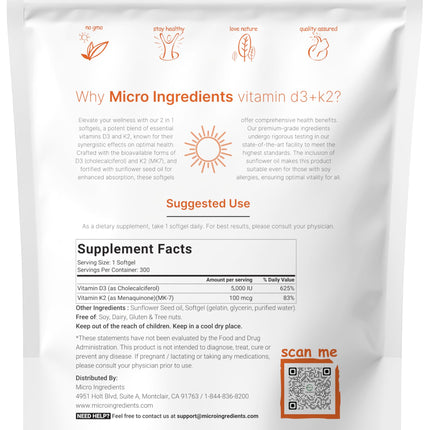 Vitamin D3 5000 IU + K2 MK-7 100 mcg – 300 Softgels | 2-in-1 D & K Complex