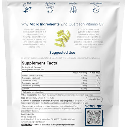 Micro Ingredients Zinc Quercetin with Vitamin C – 240 Capsules | Immune Support (Quercetin 500mg, Vitamin C 500mg, Zinc 50mg)