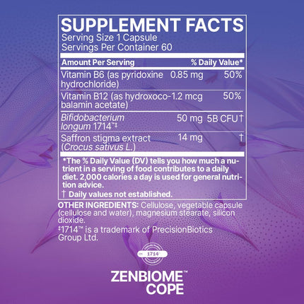 Microbiome Labs Zenbiome COPE – Probiotic Mood Support with 1714 Probiotic, B6, B12 & Saffron