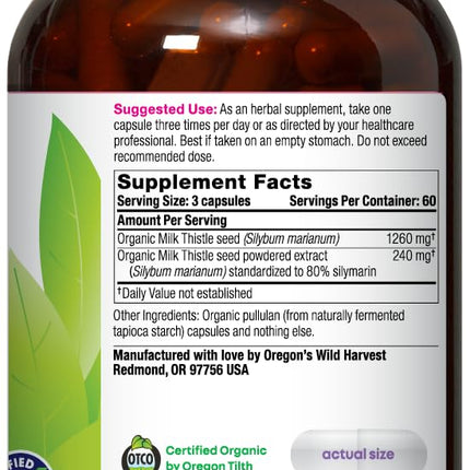 Oregon's Wild Harvest Milk Thistle Organic Non-GMO Vegan Capsules – 180 Count