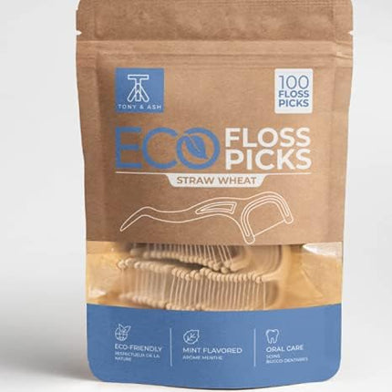 100 Mint Floss Picks – BPA Free, Eco-Friendly Straw Wheat Handle (100 Count)