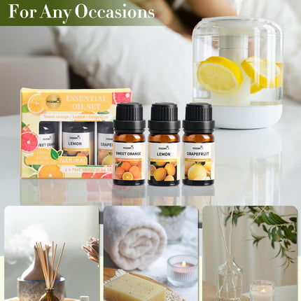 MIZZEO Fruity Essential Oil Set – 3x10ml Pure & Natural Diffuser Oils (Sweet Orange, Lemon, Grapefruit)