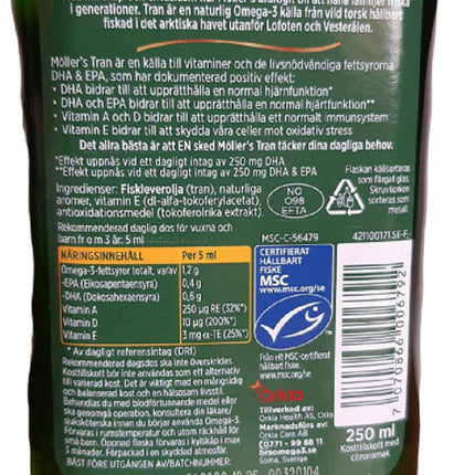 MÖLLER'S Tran Cod Liver Oil 250 ml | Citron Flavor | Omega-3 | Vitamin A, D & E