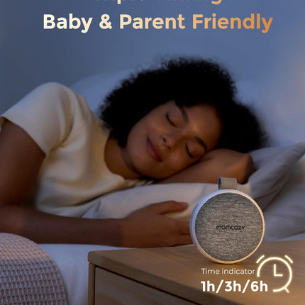 Momcozy Portable Sound Machine with Night Light – 20 Soothing Sounds, Stroller Clip, USB-C (Grey)