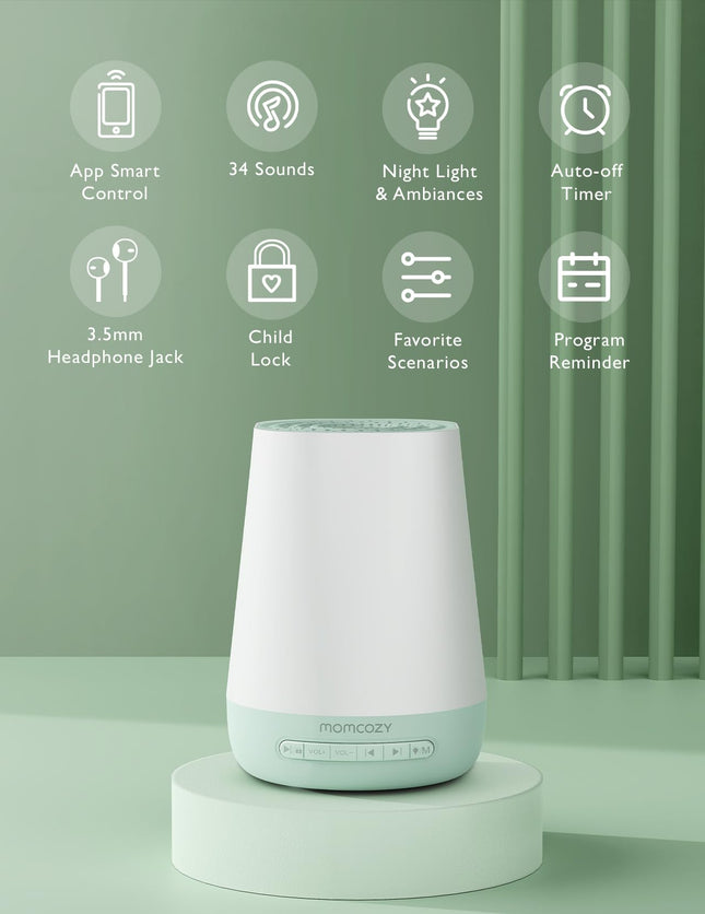 Momcozy Baby Sound Machine with Night Light — 34 Soothing Sounds & App Control (Green)