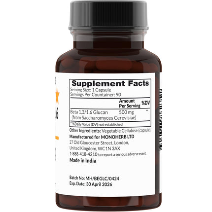 MONOHERB Beta 1,3/1,6 Glucan 500 mg - 90 Veg Capsules (Pack of 2) | 90 Servings