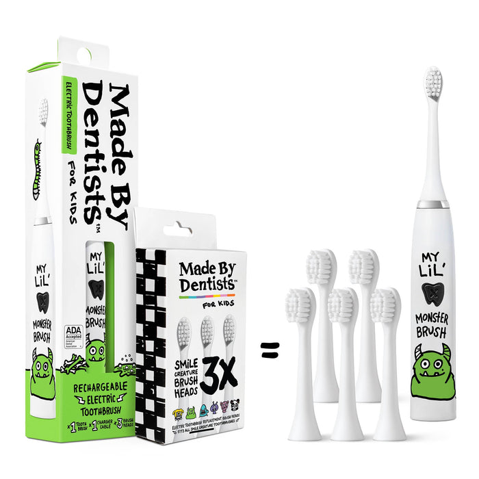 Monster Kids Electric Toothbrush – Made by Dentists, Rechargeable, 2-Min Timer, 6 Heads