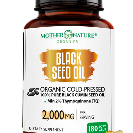 Mother Nature Organics Organic Black Seed Oil Capsules 1000mg – 180ct, 3-Month Supply, Cold-Pressed Nigella Sativa from Turkey