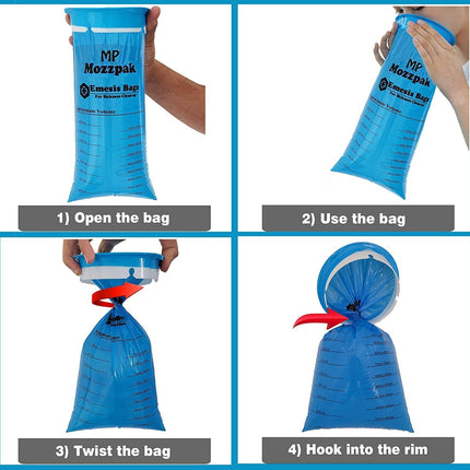 MP MOZZPAK Vomit Bags Disposable 100 Pack – 1000ml Emesis Bags, Leak-Proof, Travel-Ready