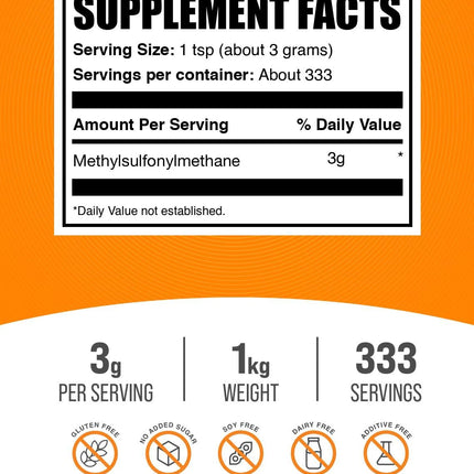BulkSupplements MSM Powder – Methylsulfonylmethane (MSM) 3000 mg/Serving, 1kg Gluten Free