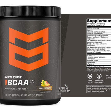 MTN OPS BCAA 2:1:1 Powder - Peach Mango, 30 Servings | Zero Sugar & Gluten Free