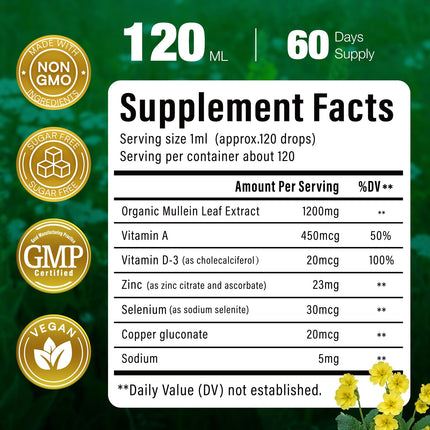 Mullein Drops for Lungs – 144000mg Mullein Leaf Extract | 120-Day Supply