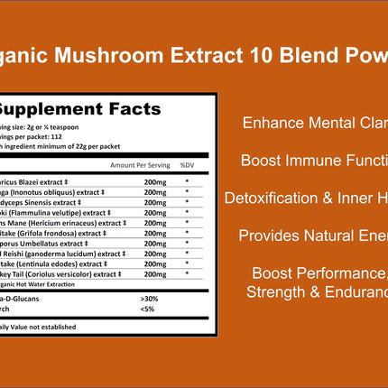 10-Blend Organic Mushroom Extract Powder - Lion's Mane, Cordyceps, Reishi